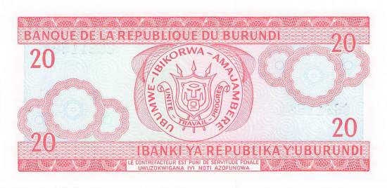 Burundi p27d 20 Francs 1995